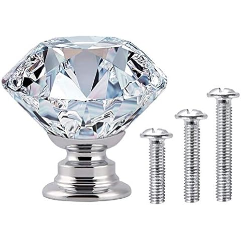 Vandicka 20 Pack 30mm Crystal Glass Cabinet Door Knobs Cupboard Dresser Drawer Pull Handles (Clear Diamond + Chrome Base) with Screws in 3 Sizes Cover