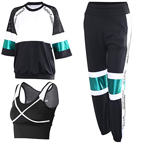 TIAN Women's yoga wear, quick-drying clothes, casual fitness sportswear, three-piece suit, comfortable and breathable, good elasticity, strong sweat absorption, suitable for fitness/yoga,Green,L