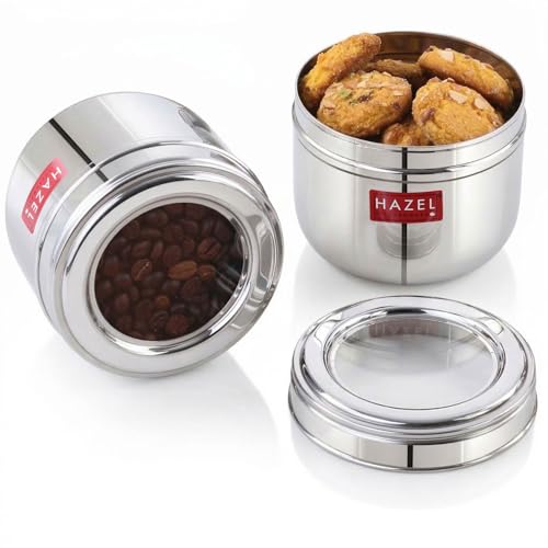 Image of HAZEL Stainless Steel Transparent Lid Containers | Versatile Storage Jars with See-Through Top | Nesting Kitchen Canisters for Spices, Snacks & Grains | 500ml (Set of 2)