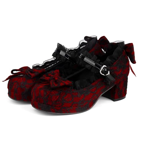 LUXMAX Women Kawaii Mid Block Heel Mary Jane Rockabilly Pumps with Bow Platform Chunky Heel Cute Sweet Shoes, Size 9 M US,red-lace