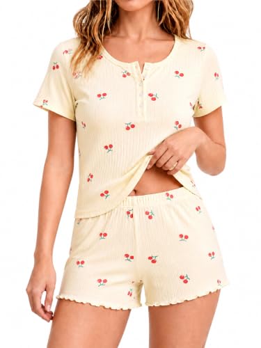 WKTRSM Pijamas Mujer Verano Corto Conjunto de Pijama Manga Corta con Pantalones Cortos 2 Piezas Ropa de Casa Dormir Casual Cómodo, Suave y Transpirable S-XL