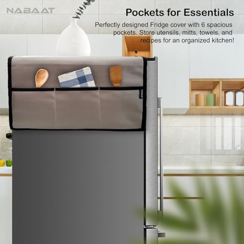 Image of NABAAT Premium Fridge Cover Top for Single Door Refrigerator Kitchen Decor Durable Dustproof Waterproof Modern Design with 6 Side Pockets for Kitchen Accessories - 130 x 54cm (Light Grey)