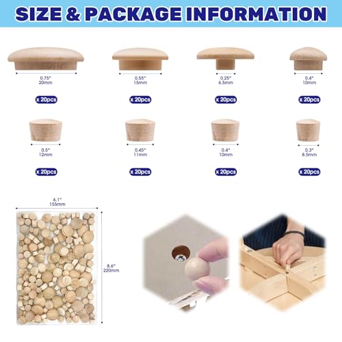 Image of 160 Pcs 2 Styles Wood Hole Plugs Assortment Set, 3 /16 Inch, 5 /16 Inch, 3 /8 Inch, 1 /2 Inch Hardwood Maple Button Cap, Flush Type Wooden Screw Covers for Decor Furniture