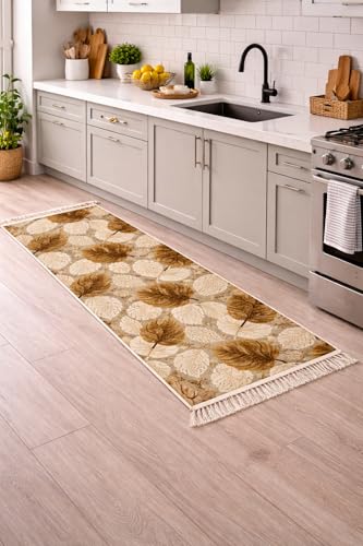 Image of SAGON 2x5 Ft Printed Runner Carpet - Cotton Bedside Rug for Bedroom & Living Room (Brown Leaf)
