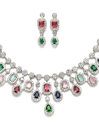 Image of Karatcart Silver Toned American Diamond Studded Jewellery Set for Women