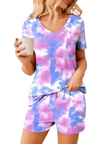 Image of Ekouaer Womens Pajama Sets Short Sleeve Pajamas for Women Sets Soft Lounge Sets Casual V Neck Sleepwear PJS
