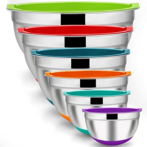 LIANYU Stainless Steel Mixing Bowls Set of 6, Nesting Mixing Bowl with Airtight Lids, Size 7, 3.5, 2.5, 2, 1.5, 1QT, Large Metal Bowls for Baking Cooking Food Storage, Non-slip Bottom, Colorful