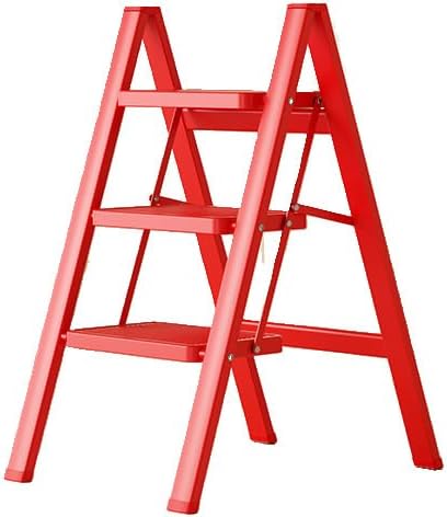 Household Foldable Telescopic Thickened Herringbone Ladder, Indoor Multifunctional Staircase, Three Or Four Step High Climbing Ladder Small Stool,Red,3
