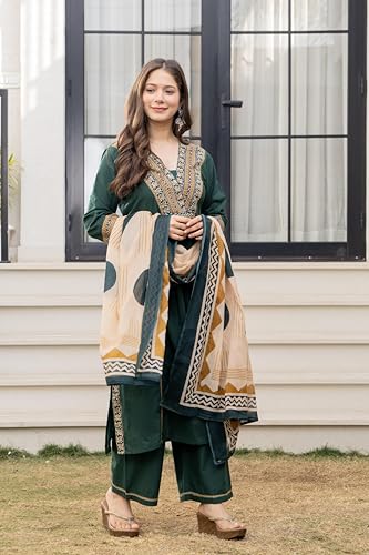 Image of MEERA FAB Women Floral Printed Pure Cotton Straignt V-Neck Kurta with Trousers & Dupatta