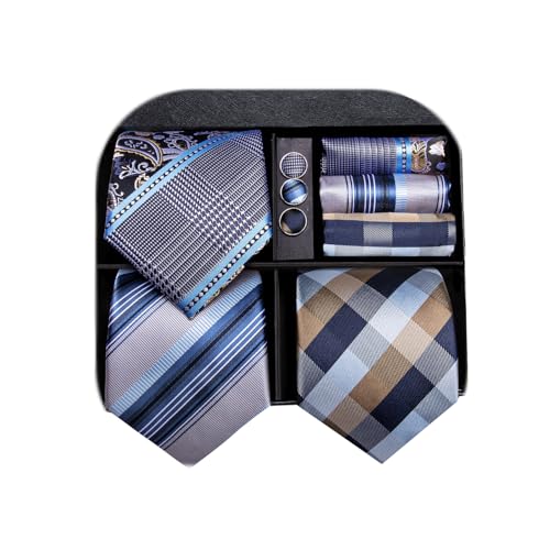 Image of Hi-Tie 3 Pcs Gift Box Mens Tie Set Necktie with Pocket Square Cufflinks Lapel Pin Silk Neck Tie Collection