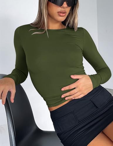 Image of AKEWEI Long Sleeve Crop Tops for Women 2 Pack Fall Going Out Outfits Cute Tight Basic Tees Shirt