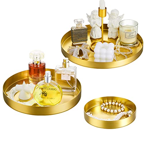 Suclain 3 Pieces Round Gold Tray Serving Perfume Candle Plate Jewelry Organizer Stainless Steel Decorative For Makeup Keys Centerpieces Vanity Bathroom Storage, 5 ' 8' 12 ', Copper #TOP14