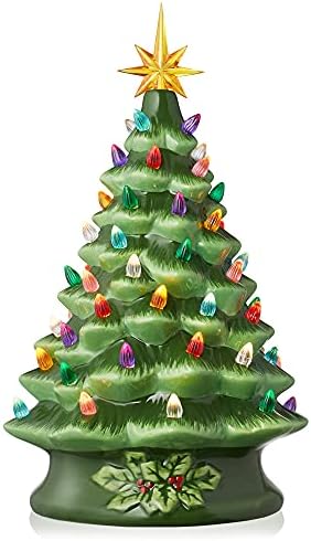 Casafield Hand Painted Ceramic Christmas Tree, Green 15-Inch Pre-Lit Tree with 128 Multi Color Lights and 2 Star Toppers