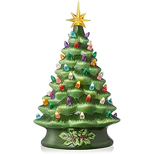 Casafield Hand Painted Ceramic Christmas Tree, Green 15-Inch Pre-Lit Tree with 128 Multi Color Lights and 2 Star Toppers