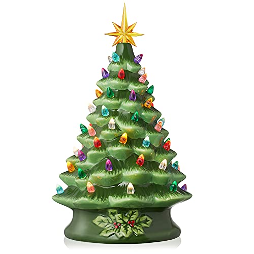 Casafield Hand Painted Ceramic Christmas Tree, Green 15-Inch Pre-Lit Tree with 128 Multi Color...