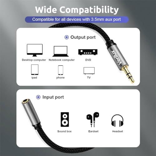 Image of Verilux Audio Aux Cable, 16.4Ft Jack Audio Extension Cable Male to Female Audio Jack Cable, Universal Stereo 3.5 mm to 3.5 mm Cable for Phones, Speakers, Headphones, Tablets, MP3 Players and Car