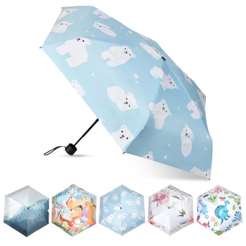 Vicloon Taschenschirm Ultraleicht, Mini Umbrella mit 6 Edelstahl Rippen, Kompakt, Faltender UV-Regenschirm für Erwachsene und Kinder, Leicht Kompakt, Stetig, Eisbär Muster, 220g