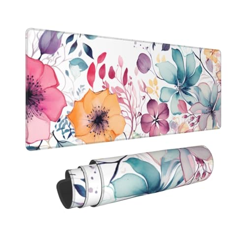 Large Mouse Pads for Desk, Extended Watercolor Floral Gaming Mousepad for Women Office Gifts, Funny XL Big Stitched Waterproof Nonslip Flower Computer Mats Deskmat for Keyboard Laptop, 31.5 * 11.8 in