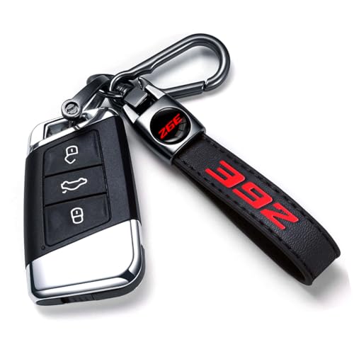 Image of Black 392 Key Chain for Dodge Charger Challenger Durango & RAM SRT 392, Black Leather & Metal Car Key Fob Holder, Red 392 Logo Car Keychain Accessories