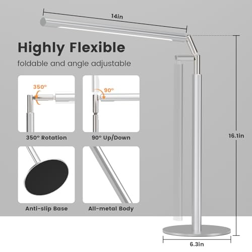Metal Desk Lamp for Home Office - Foldable LED Table Lamp for Reading, 4 Color & 6 Brightness, 15W Dimmable Desk Light with Flexible Arm, Eye-Caring Desktop Lamp for College Dorm, Silver