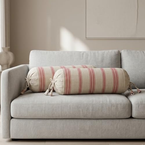 Image of SAJAVAT HOME 100% Cotton Striped Bolster Cover Pack of 2 15x30 | Textured Round Side Pillow Covers for Sofa, Bed & Diwan | Soft Breathable Bolster Pillow Covers | Beige & Red