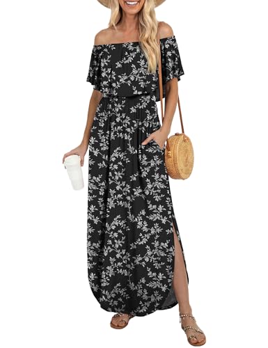 LILBETTER Womens Off The Shoulder Ruffle Party Dresses Side Split