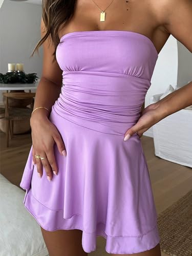 Image of Women Sexy Tube Top Silk Dress Strapless Ruched Basque Waist Ruffle Layer Mini Dress Jumpsuit Party Dresses
