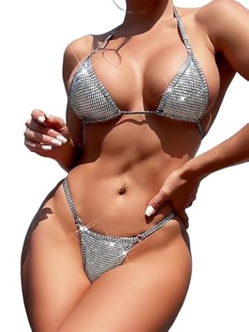 Bikini Plaid Halter Extreme Mini Micro Tanga Bikini damski kostium kąpielowy kobiety stroje kąpielowe dwuczęściowy zestaw bikini kąpielowy kostium kąpielowy do pływania, Silver, M