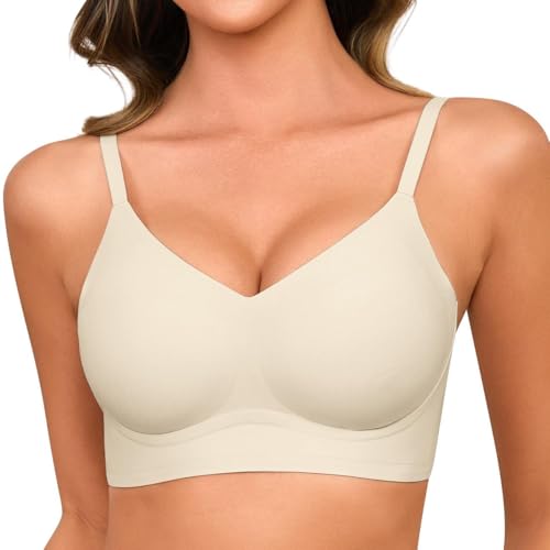 Lonya Donna Reggiseno Senza Ferretto Reggiseni Donna con Scollatura a V Senza Cuciture Push Up Comfort Brassiere Bralette Elasticizzato Reggiseno Imbottito Cinghie Regolabili, Bianco, XL