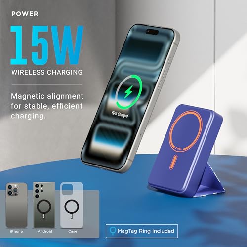 Image of URBN 10000 mAh Stand Magsafe Power Bank with Foldable Stand | 15W Fast Wireless Charging |Strong Magnetic Hold | Type C Input /Output | Pass Through Charging | MagTag Ring Included | (Blue Camo)