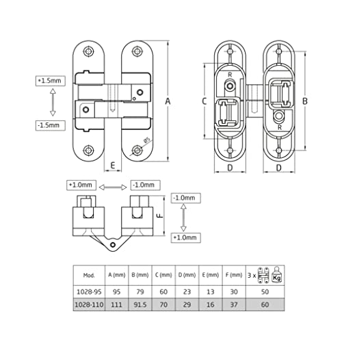 Bisagra invisible Amig con regulación 3D tridimensional en zamak plateado mate 4