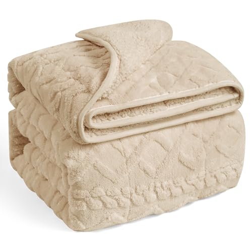 Wemore Weighted Blanket for Adults Twin Size 15 lbs, Dual Sided Soft Fuzzy Jacquard Sherpa Weighted Blankets for Sleeping, Cozy Fluffy Knitted Heavy Blanket for Couch Bed, Khaki, 60 x 80 inches