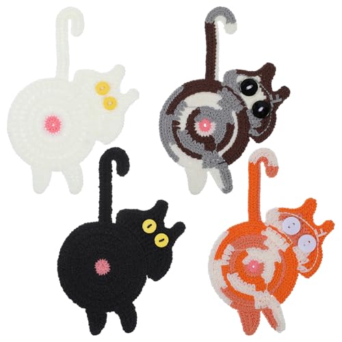 Sibba 4 Pcs Cat Coaster Woven Creative Desktop Gifts Cat Knitted Coasters Funny Coasters Insulation Coaster Cute Bar Dining Table Decor Table Protection Gift for Cat Lover Hot Drinks