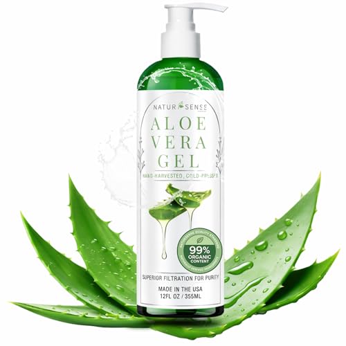 NTRSNS NaturSense 99% Organic Aloe Vera Gel. Deep Hydration, Effective Moisturizing. For Hair, Scalp, Face, Dry Winter Skin, Acne, Sunburn, Sensitive Skin, Shaving. Unscented, 12 oz.