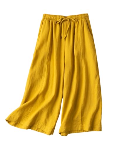 Woman Wide Leg Linen Cropped Pants Elastic High Waist Drawstring Plain Casual Baggy Trousers Lightweight Pant
