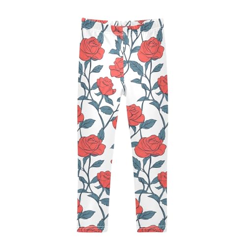 KLL Floral Pattern Red Roses Toddler Girl Athletic Leggings Stretch High Waisted Lounge Pants Sports