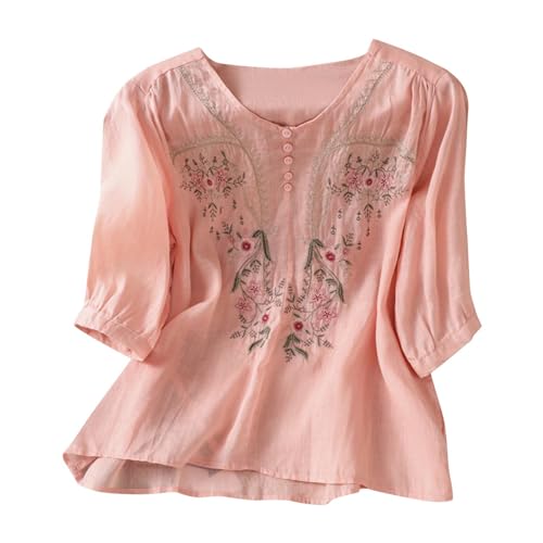 Floral Embroidery Cotton Linen Tops for Women Summer Half Sleeve