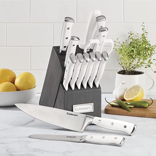 Cuisinart Forged Triple Rivet, 15-Piece Knife Set W/ Block, Superior High-Carbon Stainless Steel Blades For Precision & Accuracy, White/Charcoal Grey #TOP2