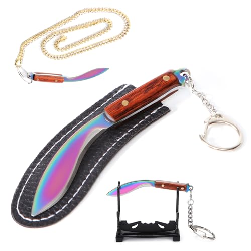 SHARP CASTLE Mini Kukri, 3.5 inches Ultra Sharp Stainless Steel Machete with Sheath, Small Knife Keychain for Pendant, Utility Knife Cutter for Home, Outdoor, Handmade - Rainbow Color（KUKRI.RB-1）