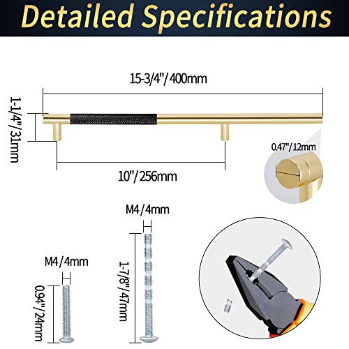 Zernmiarder Knurled Cabinet Pulls 12 Pack, 16 Inch Long Handles Sliding Door Handles Closet Door Handle Metal Cabinet Hardware For Kitchen Cabinets Barn Door Closet - 10" Hole To Hole, Black & Gold #TOP3