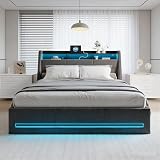 BRILVERDE Letto imbottito 160x200 con Contenitore idraulico, Letto matrimoniale a LED con USB, Funzionale con testiera, Struttura letto con rete a doghe, Lino (Grigio, 160 x 200 cm)
