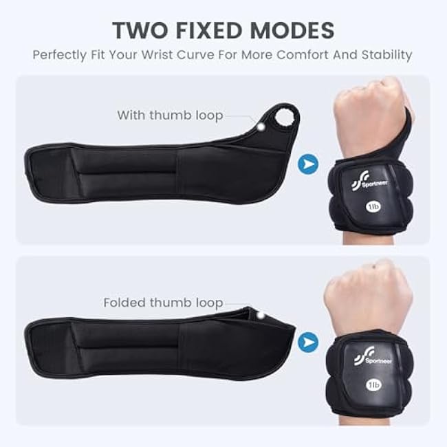 Sportneer Wrist Weights with Thumb Hole for Men Women Arm Hand Weights for Running Walking Jogging Physical Therapy Gym Strength Training Cardio Exercises 1 LB x 2