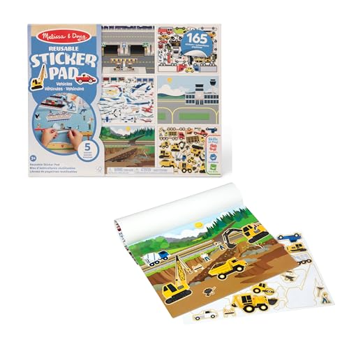 Melissa & Doug Libro Adesivi Attacca e Stacca - Album Stickers Riutilizzabili Veicoli, Giochi Creativi da Viaggio, Idea Regalo per Bambini, 3+ Anni - Certificati FSC