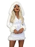 Women 's Furry White Bodycon Mini Dress Autumn Long Hooded V Neck Dress Skinny Fuzzy Party Streetwear Winter (White, Small)
