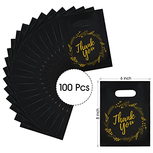 100PCS Plastic Thank You bags for Business, Merchandise, Retail Shopping,Thick Small Candy Cookie Treat Bags for Birthday Party Baby Shower Wedding (Black) - Thumbnail 3