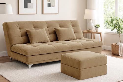 Modern Velvet Convertible 3-Seater Futon Sofa Bed with Ottoman – ...