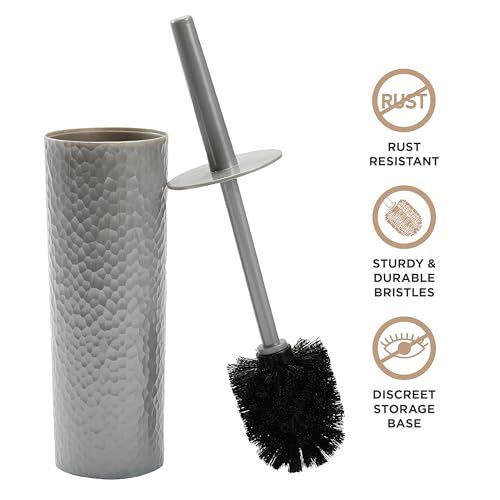 Image of Bath Bliss Toilet Brush | Hammered Textured Design | 360 Degree Bristle Brush | Bathroom Cleaning | Contemporary Design | Sliver