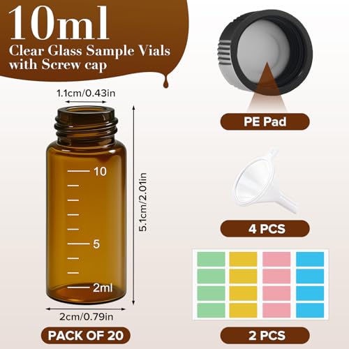 Maxumille 10ml Probe Fläschchen 20 Stück, Probe Glasflaschen mit Schraubverschluss, Kleine Braun Probenahme Glas Fläschchen, Mini Sample Vials mit Skala, Labor Fläschchen für Flüssigkeit Pulver