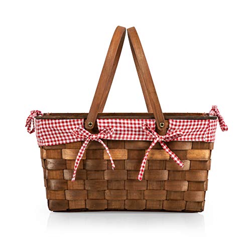 PICNIC TIME Kansas Handwoven Wood Picnic Basket, Sturdy Woven Wicker Basket with Tabletop Lid and Removable and Washable Polycotton Vintage-Style Liner, (Red & White Gingham Pattern)