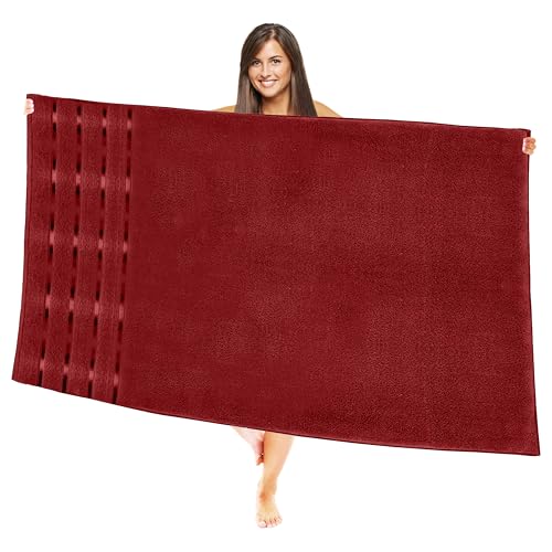 Image of Elegant Comfort 100% Turkish Cotton 4 Lines Viscose Stripe Jumbo Bath Towel - Hotel Spa Quality Extra Large 35 x 70 Inch Bath Towel Ultra Soft, Super Absorbent Quick Dry Large Bath Towel, Burgundy